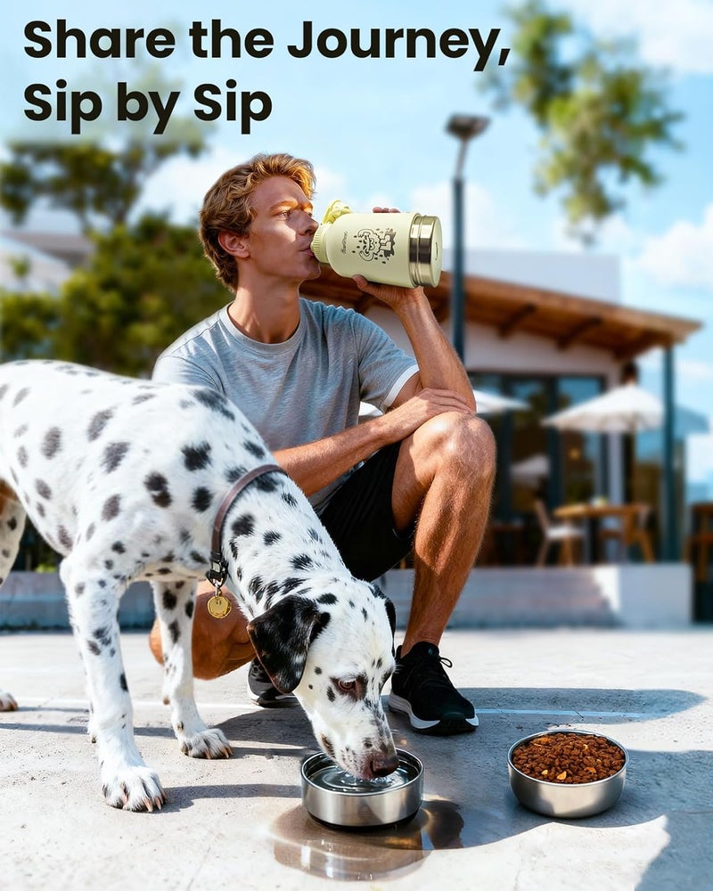 Pawccoli 34oz Dog Water Bottle, Stainless Steel Dog Water Bottle Dispenser with Detachable Food & Water Bowls, Keeps Water Hot/Cold, for Walking, Hiking, Camping(Cream) - Image 5